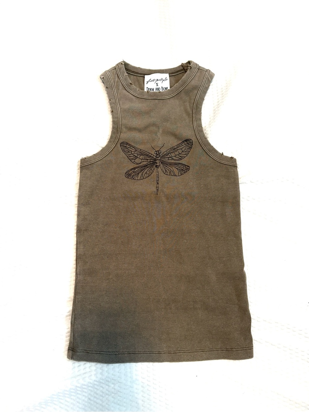 Free People Denim & Bone ~ Ribbed Olive Green Dragonfly Tank - XS